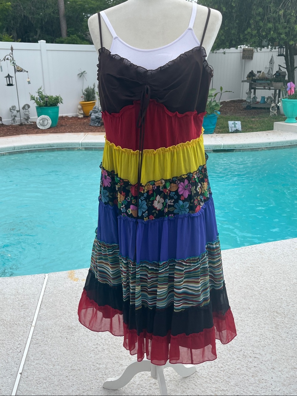 MICHELLE ANTONELLI Vintage Colorful 100% Silk Midi Dress Tiered Ruffle SZ: 14